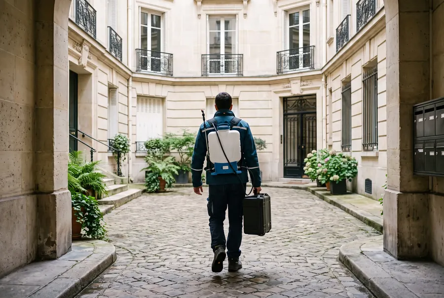 Technicien de dératisation et désinsectisation arrivant dans la cour d'un immeuble parisien avec son matériel