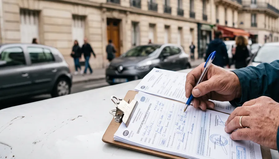 Professionnel anti-nuisibles vérifiant des documents de certification avant une intervention à Paris